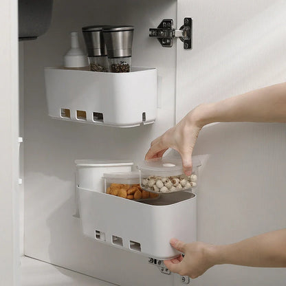 White retractable kitchen cabinet storage rack with hole-free installation