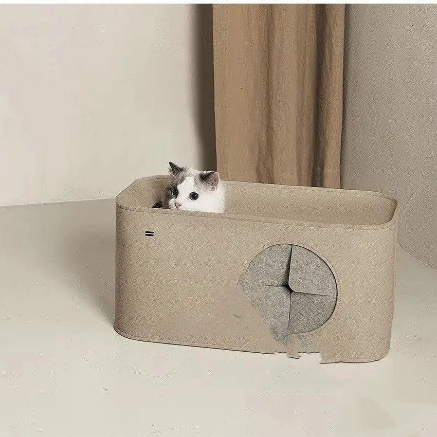 Khaki and grey foldable felt cat nest shown in two size options for pet beds or cage inserts.
