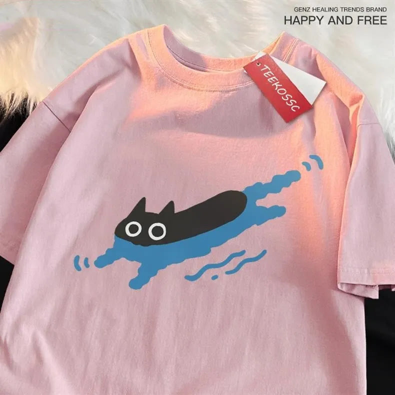 Plus size black cat print cotton t-shirt for diving swimming leisure in multiple colours