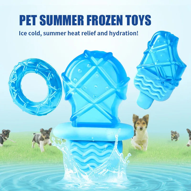 Set of four water-filled silicone dog cooling toys: pacifier, popsicle, and two rings.
