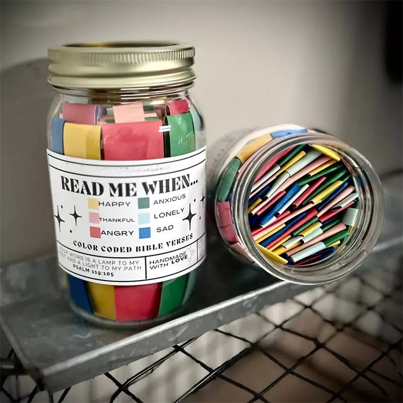 Handmade Bible Verses Jar with 67 color-coded verses for emotional support