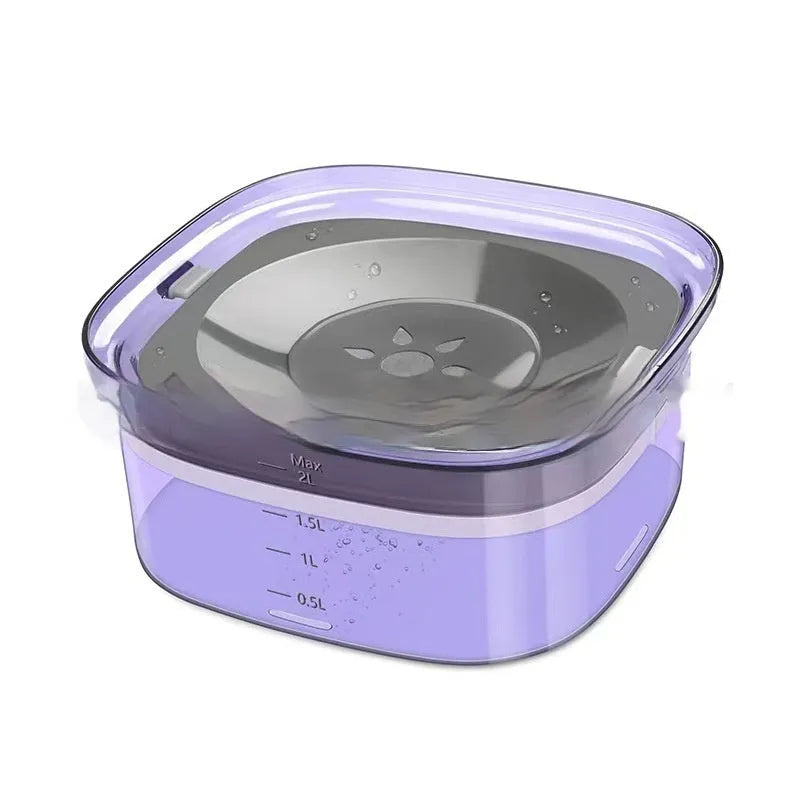 Transparent 70oz dog water bowl with floating disk, showing water level indicator and non-slip base