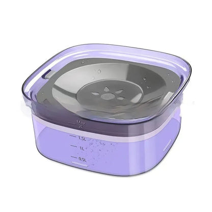 Transparent 70oz dog water bowl with floating disk, showing water level indicator and non-slip base