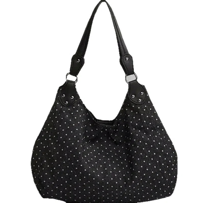 Retro polka-dot canvas shoulder bag with double shoulder straps, oval shape, soft polyester, patchwork stitching