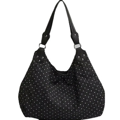 Retro polka-dot canvas shoulder bag with double shoulder straps, oval shape, soft polyester, patchwork stitching