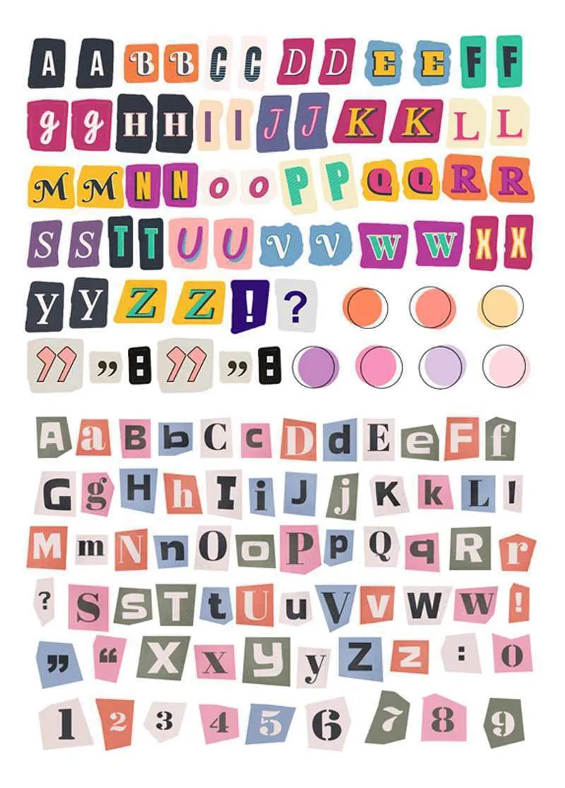 English letters and numbers symbol label stickers set showing alphabet collections and week words for organisation