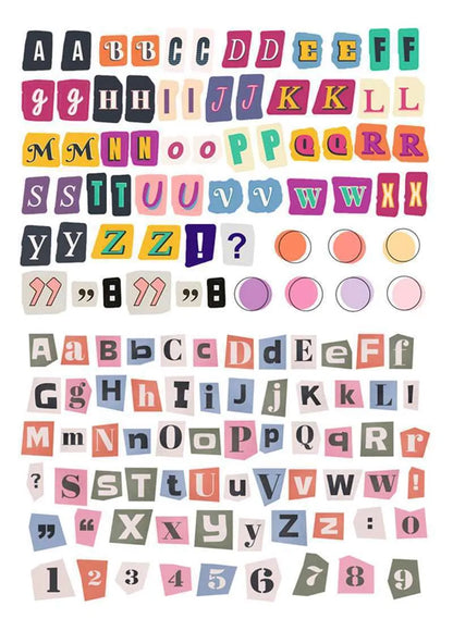 English letters and numbers symbol label stickers set showing alphabet collections and week words for organisation