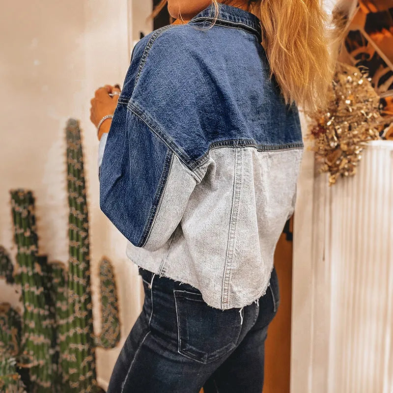 Women's loose fit denim coat with single row multi-buckle fastening in cotton fabric