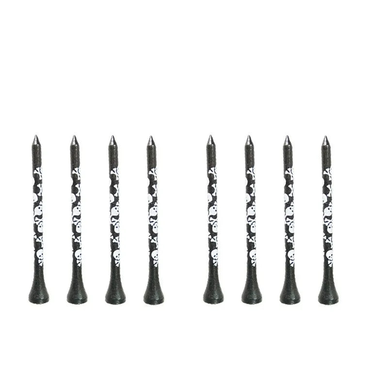 Ten black bamboo dowel pins with skull print for golf tees, showing 70mm and 83mm length options.