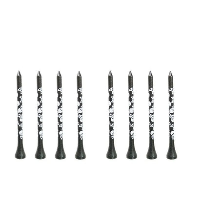 Ten black bamboo dowel pins with skull print for golf tees, showing 70mm and 83mm length options.