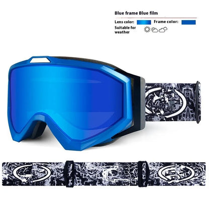 Motorcycle goggles with double-layer anti-fog lens and black TPU frame on a storage cloth bag.
