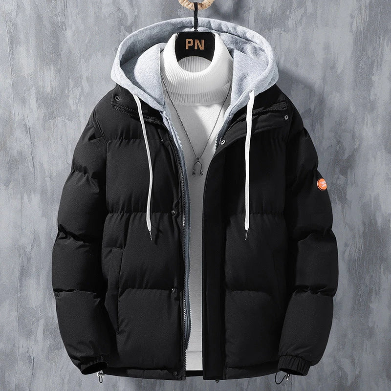 Men's Cozy Hooded Jacket in various colors, featuring a durable polyester exterior, insulating inner lining, and adjustable hood for winter warmth and protection.
