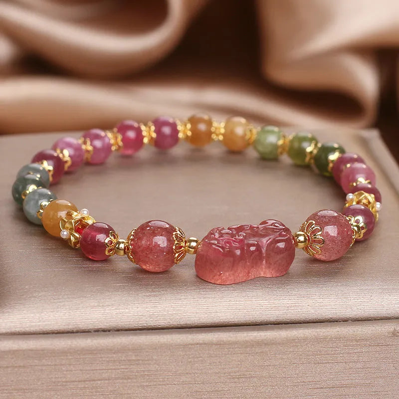 Women's pink and red crystal bracelet with strawberry quartz and tourmaline beads