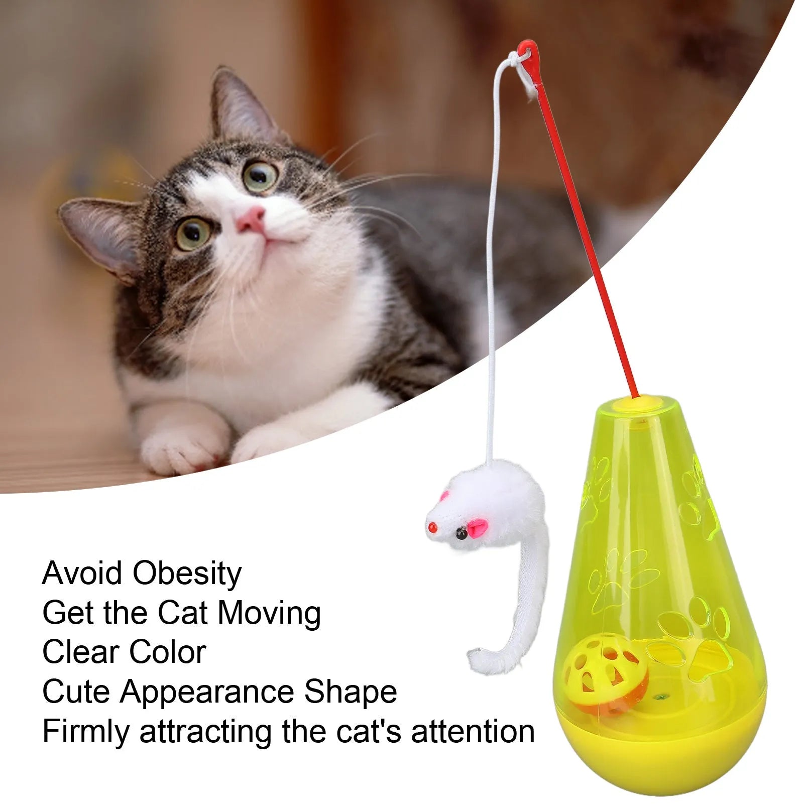 Blue and yellow cat toy with bell ball and plush mouse wand for indoor play