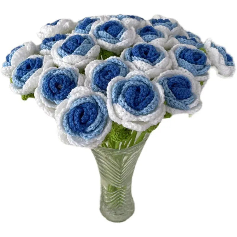 Wool-woven artificial silk rose bouquet in gradient blue colour with textured floral arrangement