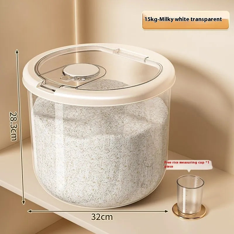 Clear plastic grain storage tank with sealed lid and included rice measuring cup