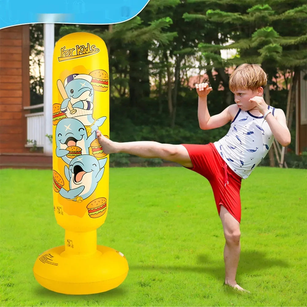Yellow inflatable boxing column tumbler measuring 120x25cm for fitness training
