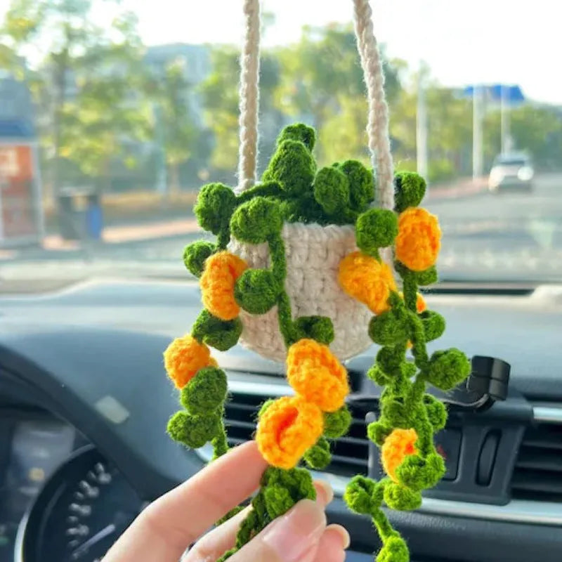 Green and white fishing style car plant decoration with 8cm base and 25cm hanging rope