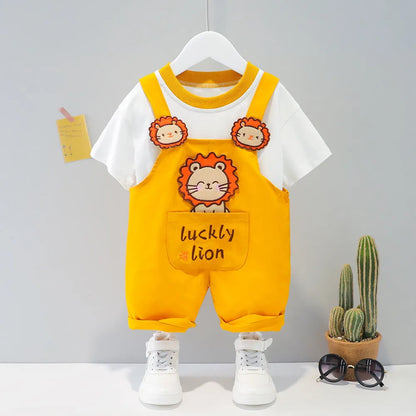 Yellow cotton baby cartoon romper suit with short sleeves and openable straps