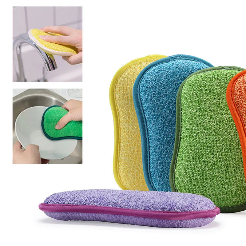 Double-sided kitchen sponge and microfiber cloth set for cleaning pots, pans, and hard surfaces