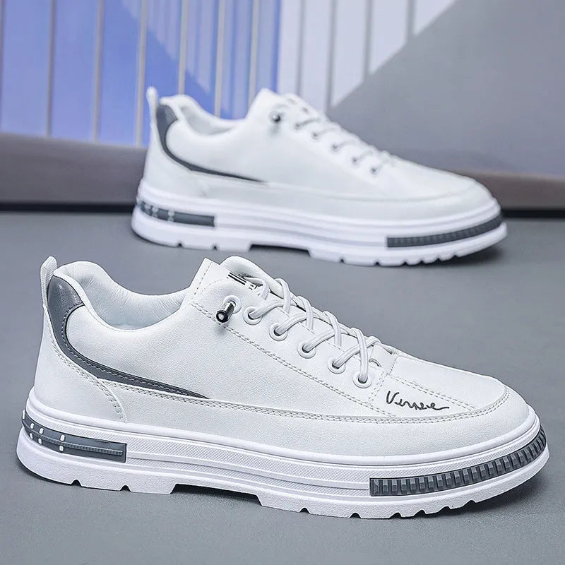 Men's white and black Korean style platform sneakers with elastic band and round toe.