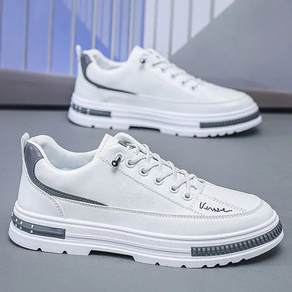 Men's white and black Korean style platform sneakers with elastic band and round toe.