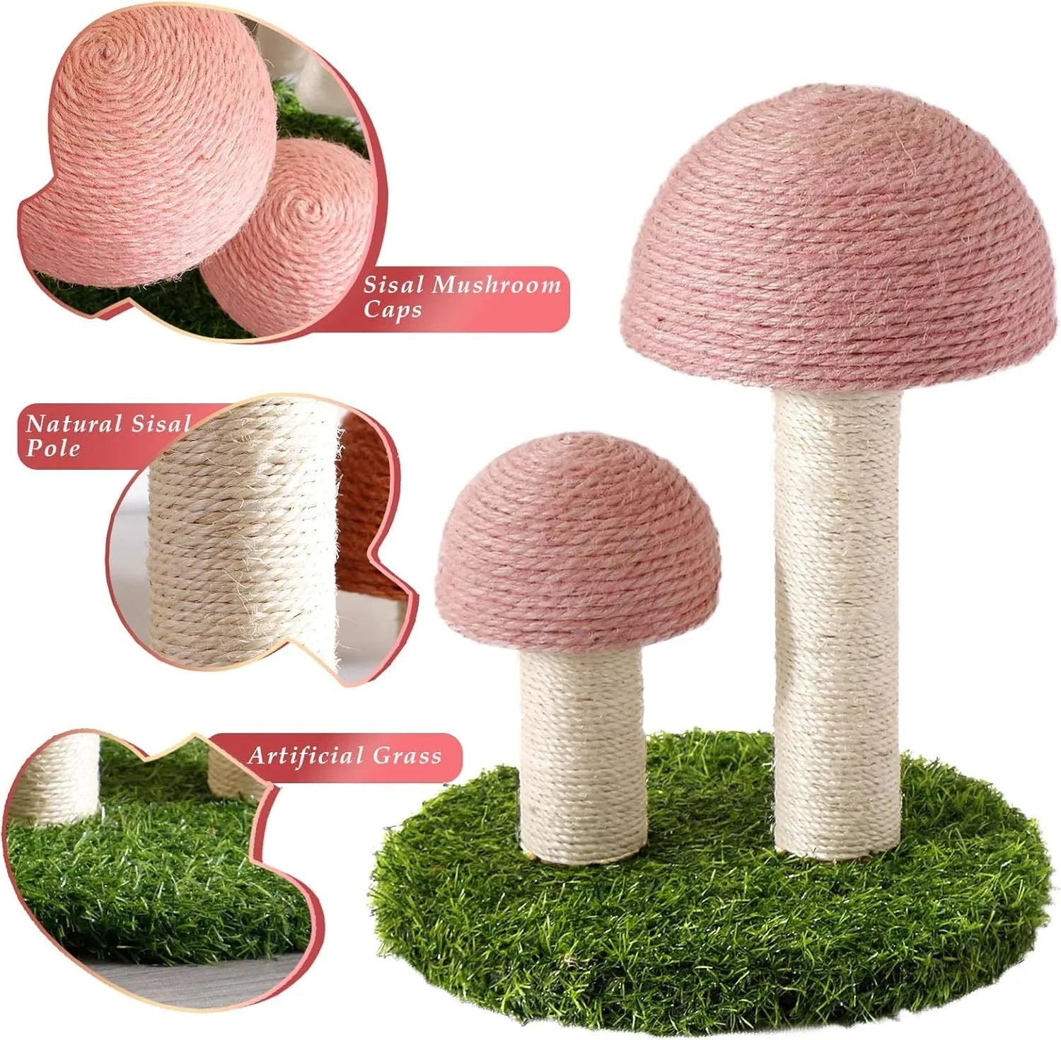 Pink mushroom-shaped cat scratching post with natural sisal caps and pole for small cats.