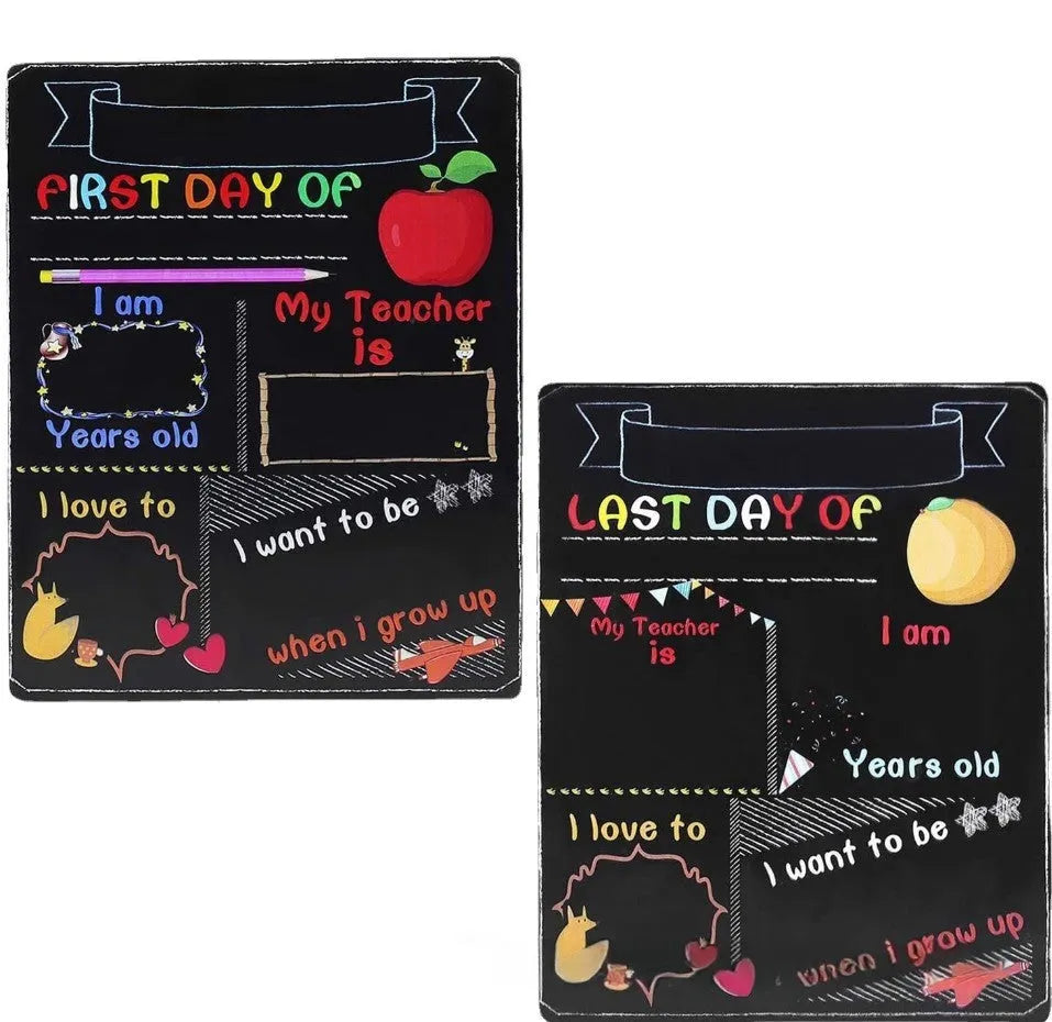 Wooden first day of school blackboard sign on a natural wood background.