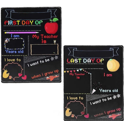 Wooden first day of school blackboard sign on a natural wood background.
