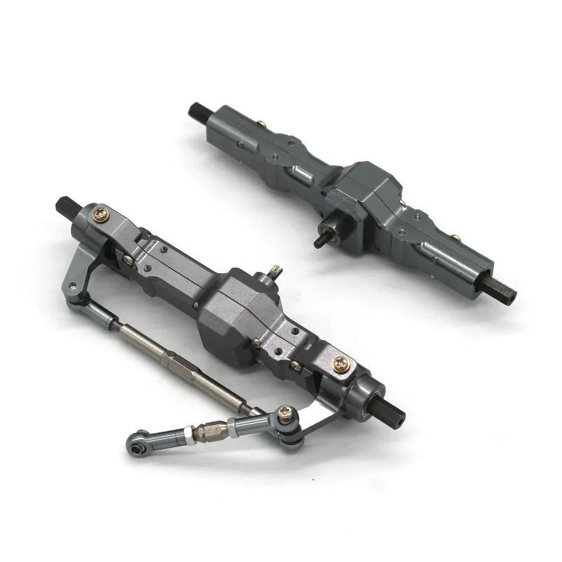 Grey alloy remote control car parts including front bar, beam, axles, and motor housing for 1:24 scale military model builds