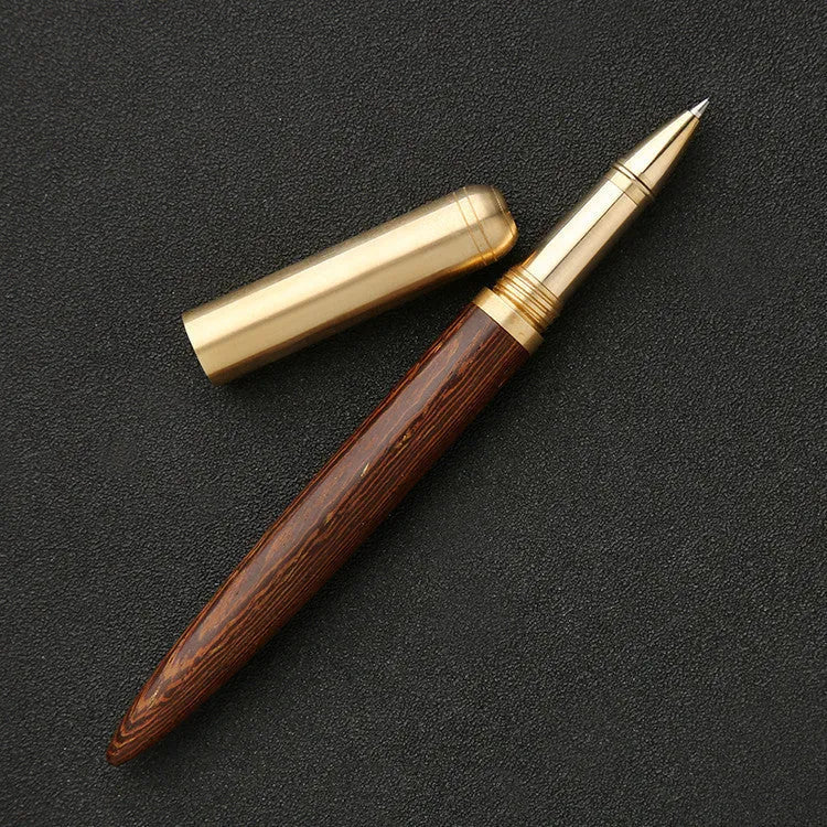 Brass and sandalwood signature pen with wood grain detail showing length and width dimensions