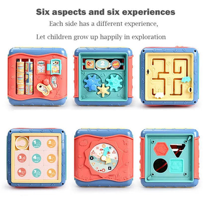 Colourful hexahedron educational toy with bead maze, gears, shape sorter, and clock face on different sides