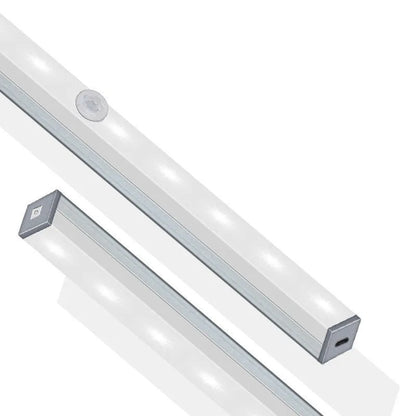 A matte aluminium LED closet light with a magnetic back, shown mounted inside a wooden wardrobe.