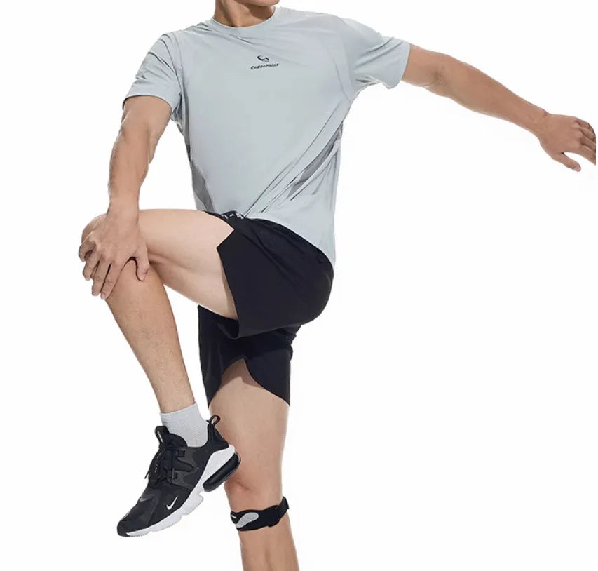 Men's black and blue stretch running shorts with laser punch stitching detail on the legs.