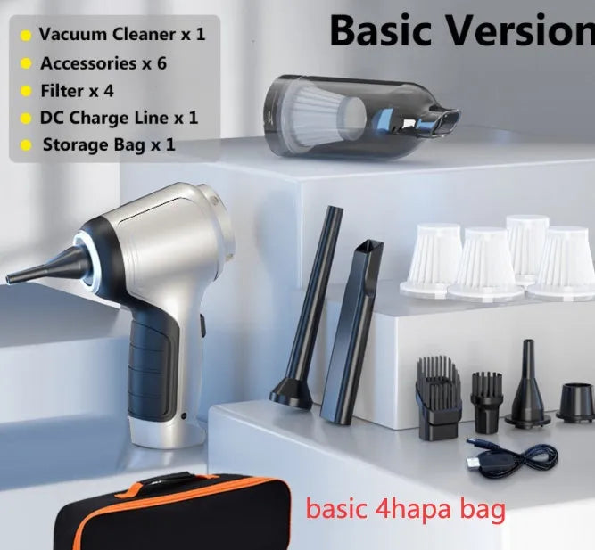 Car mounted brushless handheld inflatable vacuum cleaner with EVA bag on green background