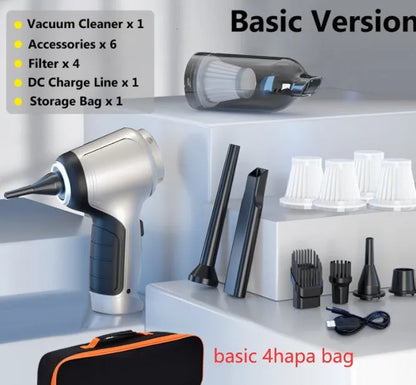 Car mounted brushless handheld inflatable vacuum cleaner with EVA bag on green background