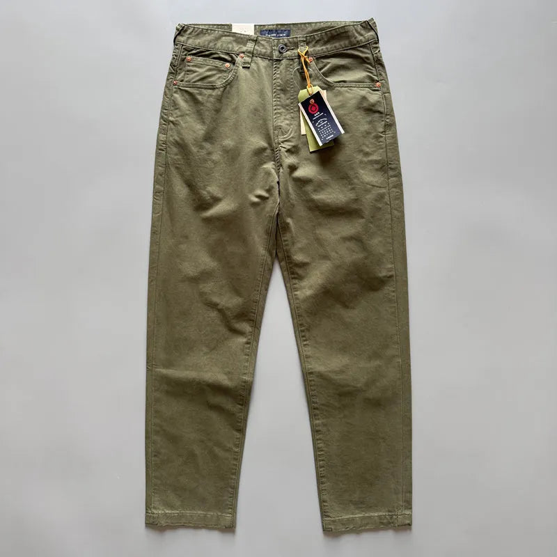 Men's straight-leg cotton trousers in grey, army green, or khaki with mid waist
