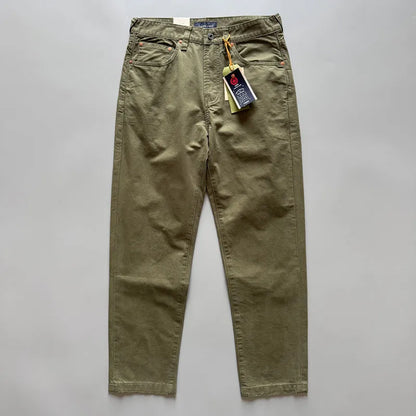 Men's straight-leg cotton trousers in grey, army green, or khaki with mid waist