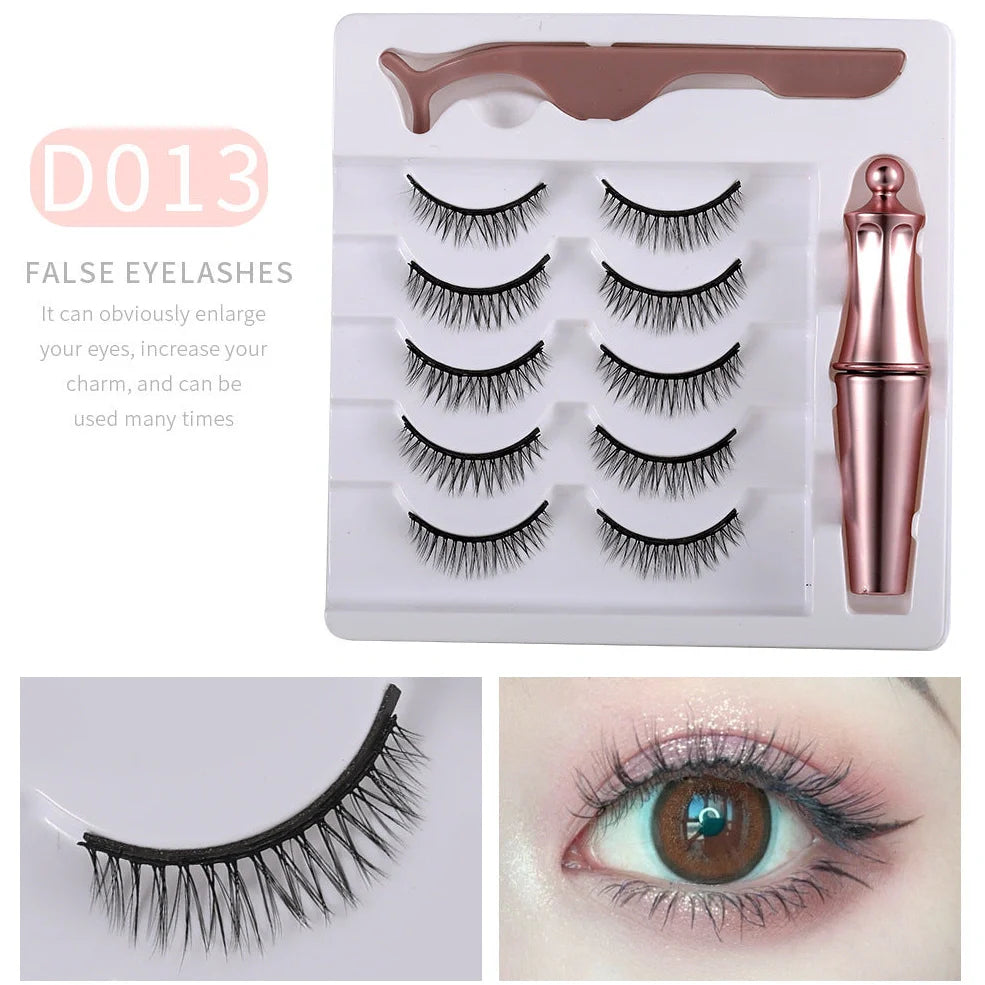 5 pairs of magnetic false eyelashes with tweezers and eyeliner on white background