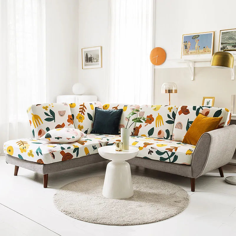 Sofa cover set with a plant flower pattern in a rustic style, shown on a sofa.