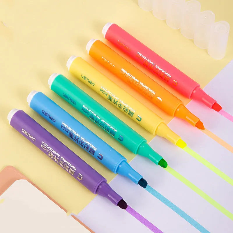 Deli S605 soft colour highlighter pens with oblique fibre tips in macaron, crystal and dark colour sets