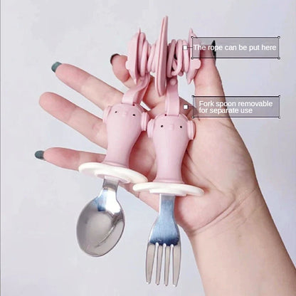 Infant stainless steel training spoon and fork set with silicone anti-drop chain and suction cup