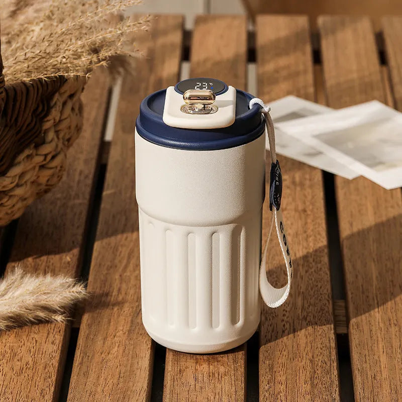 Digital thermal insulated bottle with temperature display and handle, stainless steel construction, 450ml capacity