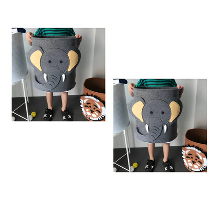 Cartoon elephant felt storage basket, 29cm diameter x 30cm height, lightweight toy organiser in grey with printed design