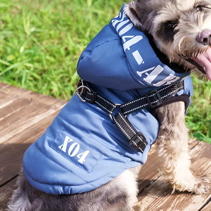 Red fleece-lined waterproof dog winter jacket with hood on a small dog