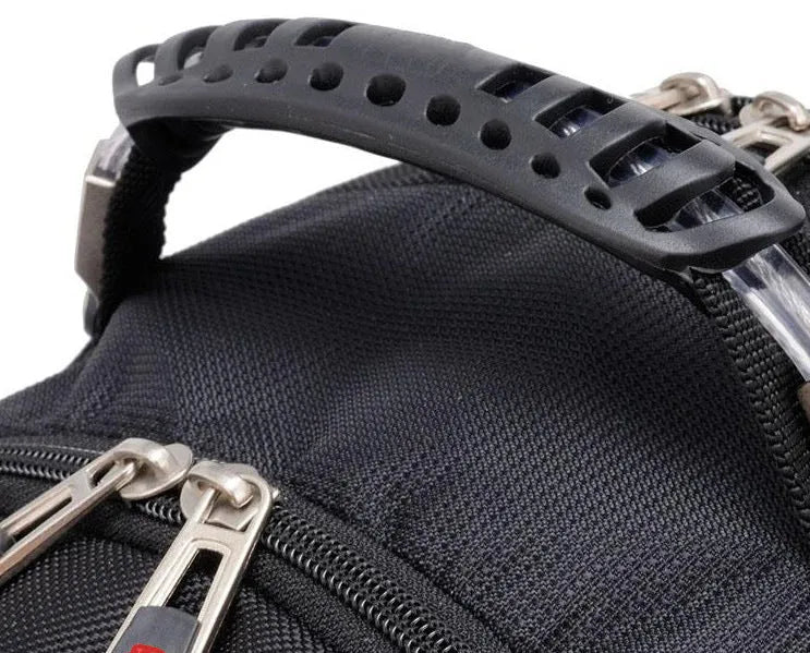 Black 38-litre business laptop backpack open to show computer layer and organisation compartments.