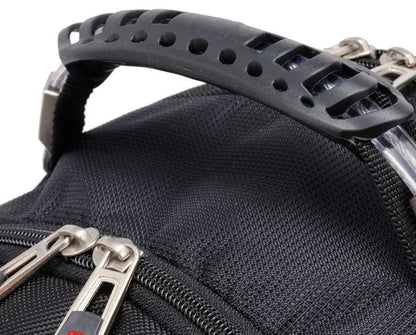 Black 38-litre business laptop backpack open to show computer layer and organisation compartments.