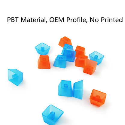 Set of 104 transparent PBT mechanical keyboard keycaps in orange, white, blue, and black colours on a black background.