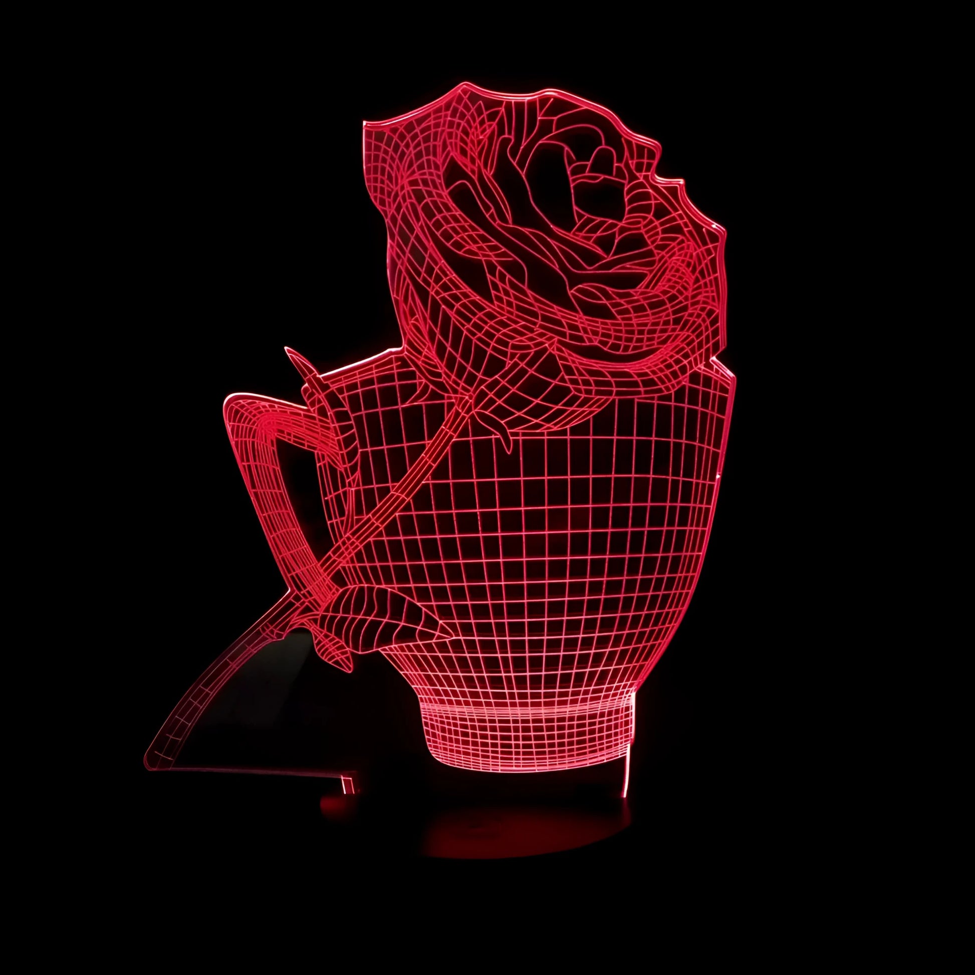 3D rose flower night light showing seven colour options with remote control and USB cable