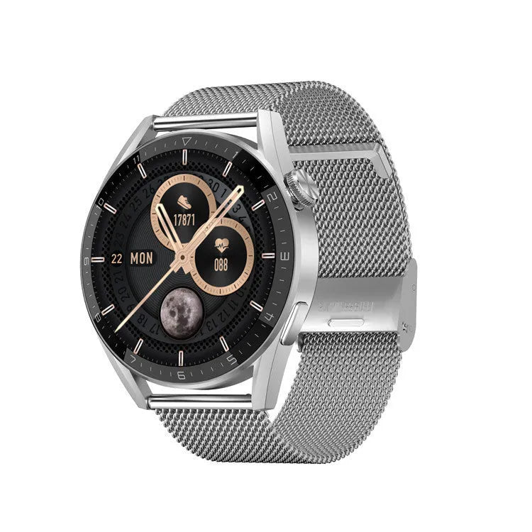 Simple metal smartwatch with black silicone strap and 1.45-inch screen displaying heart rate.